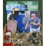 Mixed lot including stamps, Everton FC memorabilia, character badges, lighters, whistles,