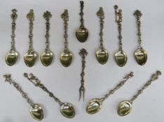 Parcel of twelve various 800 silver souvenir collectors spoons, plus similar 800 silver pickle fork.