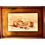 J NICHOLAS- 'STILL LIFE, CIGAR BOX', WATERCOLOUR, SIGNED LOWER RIGHT, APPROXIMATELY 19 x 31cm