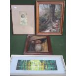 Two framed oil on boards, japanese print, German oil painting depicting a bridge