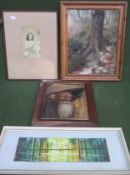 Two framed oil on boards, japanese print, German oil painting depicting a bridge