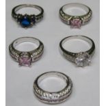 Five various pretty white metal ladies dress rings, set with various coloured stones