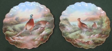 Pair of handpainted wave edged ceramic cabinet plates, depicting pheasants and Grouse, both signed