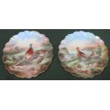 Pair of handpainted wave edged ceramic cabinet plates, depicting pheasants and Grouse, both signed