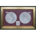 Framed and mounted two section map depicting the Western and Eastern Hemispheres, from a series by