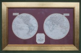 Framed and mounted two section map depicting the Western and Eastern Hemispheres, from a series by