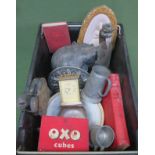 various sundries including treen elephant, mixing bowl, Oxo tin, clock, bellows etc