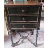 20th century three drawer chest, on stretchered supports. App.93cm H x 61cm W x 49cm D