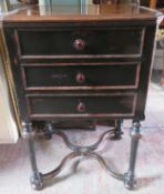 20th century three drawer chest, on stretchered supports. App.93cm H x 61cm W x 49cm D