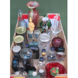 Various coloured and other glassware including perfume bottles, plus storage tins etc