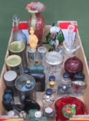 Various coloured and other glassware including perfume bottles, plus storage tins etc