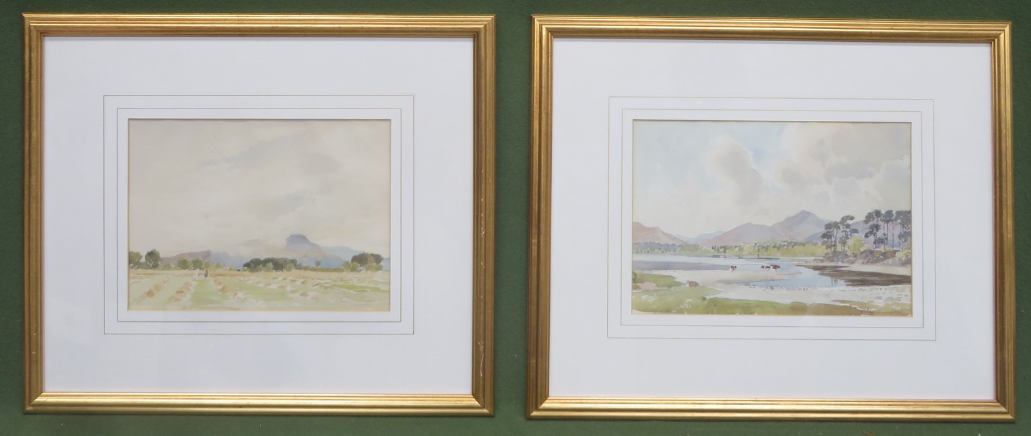 Percy Lancaster - Pair of gilt framed watercolours, depicting cows beside a lake, and a farmers