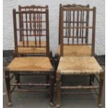 Four various 19th century oak rush seated country style chairs, all with stretchered supports