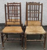 Four various 19th century oak rush seated country style chairs, all with stretchered supports