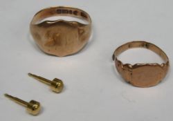 9ct gold signet ring, another 9ct gold signet ring, plus pair of Unhallmarked yellow metal stud