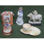 Mixed lot of mostly ceramics Inc. Oriental soapstone carving, Nao figure, Oriental biscuit barrel,