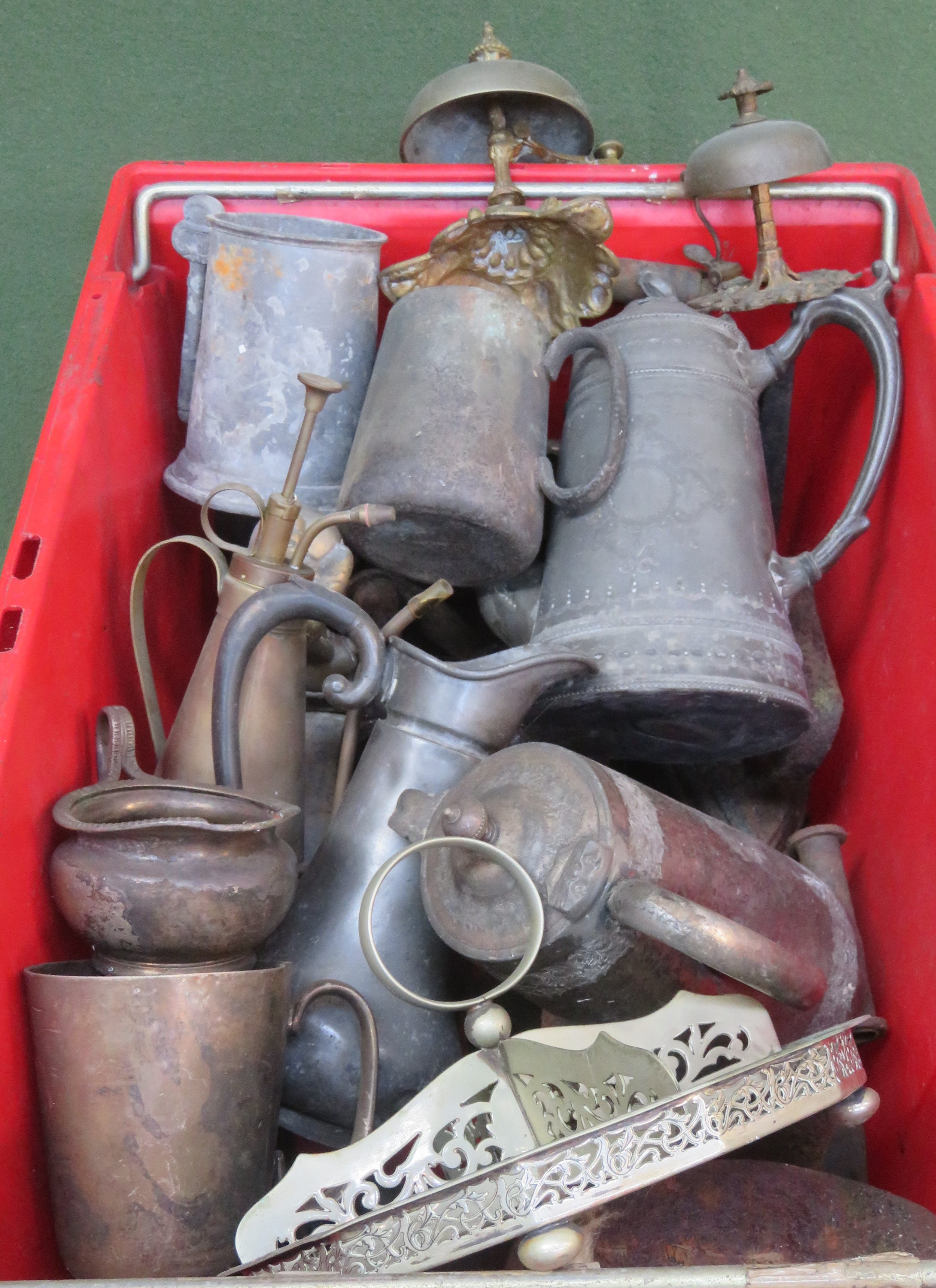 Box containing cast iron shoe lasts, flat irons, pewter ware and other sundries