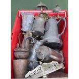 Box containing cast iron shoe lasts, flat irons, pewter ware and other sundries