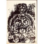 LIZ YULE(?)- 'FIGURE WITH MULTIPLE FACES', PRINTED, SIGNED TOP RIGHT, FRAMED AND GLAZED,