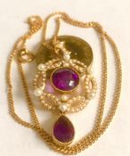 UNHALLMARKED GOLD COLOURED METAL PENDANT SET WITH AMETHYST COLOURED STONES AND SEED PEARLS PLUS GOLD
