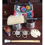 BEADWORK PURSE, TWO SILVER NAPKIN RINGS, BRUSH, BUCKLE, TWO BIRD BROOCHES AND CIGARETTE HOLDER
