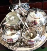 THREE PIECE PLATED TEA SET AND TRAY AND SIX OTHER ITEMS