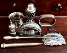 THREE SILVER NAPKIN HOLDERS, PEPPERETTE, LABEL, PENCIL, HOOK AND SHAKER TOP, GROSS WEIGHT