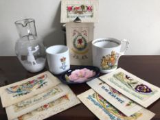 EIGHT WORLD WAR I SILVER EMBROIDERED POSTCARDS, MARY GREGORY JUG AND MOORCROFT PIN DISH, ETC.