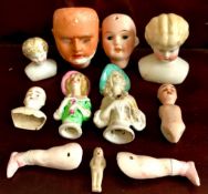 SMALL QUANTITY (ELEVEN) BISQUE DOLL BODY PARTS, PIN CUSHION BUSTS, ETC, ONE STAMPED 'MADE IN