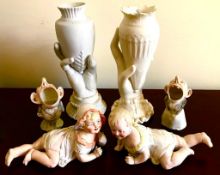 TWO BISQUE 'BABE' FIGURES PLUS TWO OTHERS AND TWO VASES