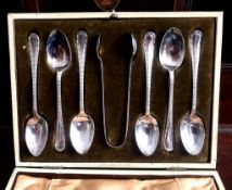 SET OF SIX SILVER PLATED COFFEE SPOONS AND TONGS