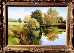 GRAHAM PETLEY- 'REFLECTING WILLOWS IN HIGH SUMMER- RIVER DENHAM, ESSEX', OIL ON CANVAS, GILDED SWEPT