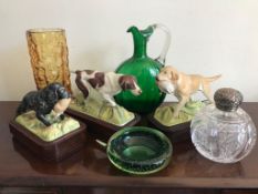 WHITEFRIARS TYPE VASE,GLASS DECANTER, THREE ROYAL DOULTON DOGS, RETRO GLASS BOWL AND CUT GLASS SCENT