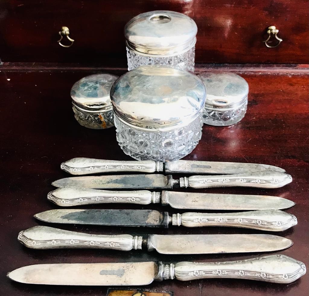 FOUR CUT GLASS DRESSING TABLE POTS HAVING SILVER COVERS, VARIOUS DATES 1920-26, ALSO SIX DESSERT