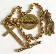 15ct GOLD CHAIN AND TASSEL, 9ct CROSS AND GOLD COLOURED PENCIL LEAD HOLDER, GROSS WEIGHT