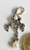 UNHALLMARKED WHITE METAL EDWARDIAN STYLE PENDANT, SET WITH TWENTY-FOUR DIAMONDS, CULTURED PEARL PLUS