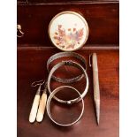 SUNDRY LOT INCLUDING SILVER BANGLE AND NAPKIN RINGS, DROP EARRINGS, MIRROR, SILVER PENCIL AND