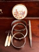 SUNDRY LOT INCLUDING SILVER BANGLE AND NAPKIN RINGS, DROP EARRINGS, MIRROR, SILVER PENCIL AND