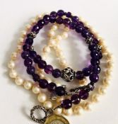 AMETHYST COLOURED NECKLACE PLUS ARTIFICIAL PEARL NECKLACE