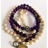 AMETHYST COLOURED NECKLACE PLUS ARTIFICIAL PEARL NECKLACE