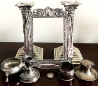 PAIR OF PLATED CANDLESTICKS, EMBOSSED PHOTO FRAME FRONTPIECE, SILVER SALT AND SPOON, SILVER CANDLE
