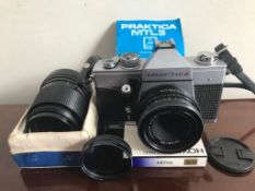 SLR PRACTICA MTL3 CAMERA AND BOOKLET, ONE HOYA 49mil SKYLIGHT LENS AND CARL ZEISS LENS