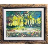 R VALENTE- 'AFTER MONET', OIL ON CANVAS, LABEL TO REVERS, SIGNED LOWER RIGHT, APPROXIMATELY 29 x
