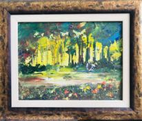 R VALENTE- 'AFTER MONET', OIL ON CANVAS, LABEL TO REVERS, SIGNED LOWER RIGHT, APPROXIMATELY 29 x