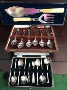 CASED SIX SILVER COFFEE SPOONS AND PLATED FISH SERVERS AND PLATED GRAPEFRUIT SPOONS
