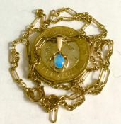 9ct GOLD FINE CHAIN WITH SMALL OPAL SET PENDANT, APPROXIMATELY 38cm LONG AND GROSS WEIGHT