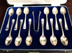 CASED SET OF TWELVE COFFEE SPOONS AND TONGS, SHEFFIELD 1939, WEIGHT APPROXIMATELY 200g