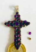 UNHALLMARKED SILVER AND AMETHYST CROSS, APPROXIMATELY 6cm LONG