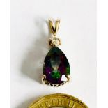 9ct GOLD DIAMOND AND TOURMALINE COLOURED SINGLE STONE PENDANT, GROSS WEIGHT APPROXIMATELY 19g