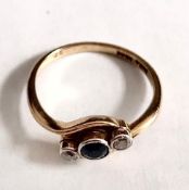 GOLD DRESS RING SET WITH SAPPHIRE AND TWO SMALL DIAMONDS, APPROXIMATELY 2.5g